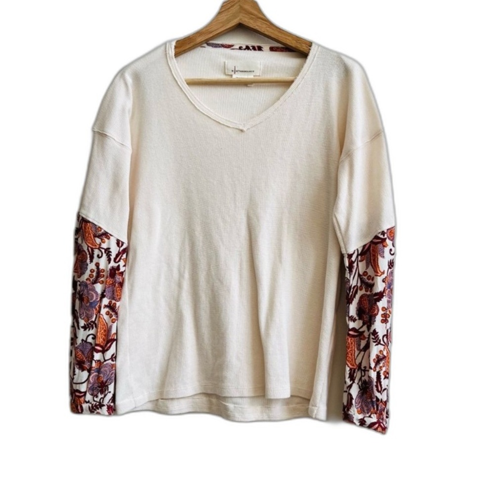 Anthropologie Annette Oversized Ivory Paisley Long Sleeve Waffle Knit Thermal XS